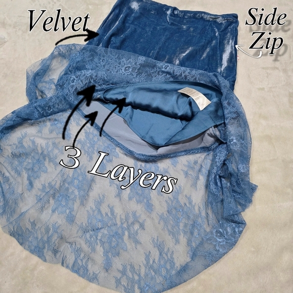 Free People Blue Velvet Skirt – Sheer Lace Hem & Asymmetrical Cut | 2 & 4 | NWT - Picture 9 of 16